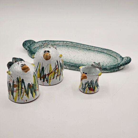 Whimsical Hand Painted Bird Salt & Pepper Shakers & Caddy Pottery Kitchen Decor - Picture 10 of 10